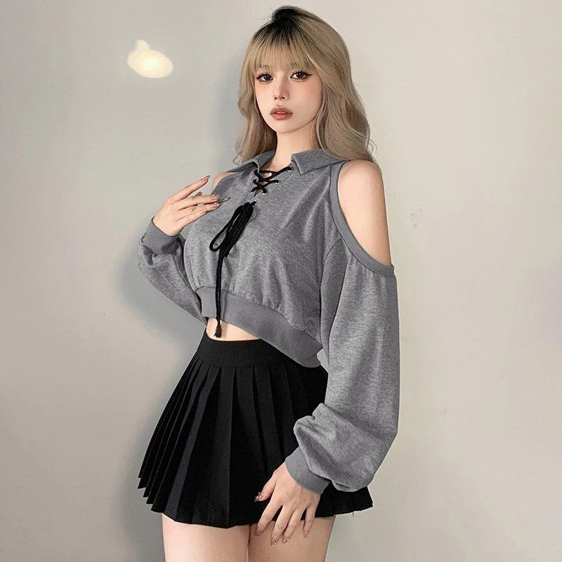 Zoki Sexy Cropped Women Y2K Sweatshirt Streetwear Off Shoulder Gothic Tops Autumn Korean Long Sleeve Harajuku Grey Pullovers New