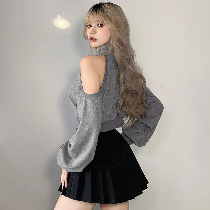 Zoki Sexy Cropped Women Y2K Sweatshirt Streetwear Off Shoulder Gothic Tops Autumn Korean Long Sleeve Harajuku Grey Pullovers New