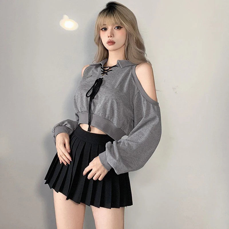 Zoki Sexy Cropped Women Y2K Sweatshirt Streetwear Off Shoulder Gothic Tops Autumn Korean Long Sleeve Harajuku Grey Pullovers New