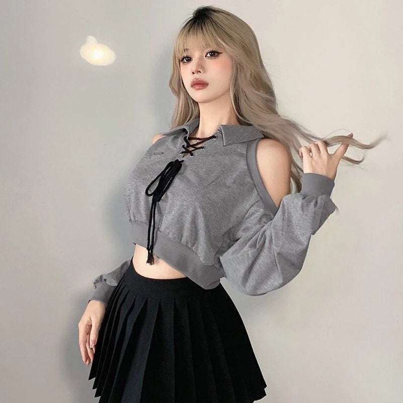 Zoki Sexy Cropped Women Y2K Sweatshirt Streetwear Off Shoulder Gothic Tops Autumn Korean Long Sleeve Harajuku Grey Pullovers New