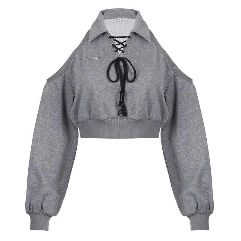 Zoki Sexy Cropped Women Y2K Sweatshirt Streetwear Off Shoulder Gothic Tops Autumn Korean Long Sleeve Harajuku Grey Pullovers New