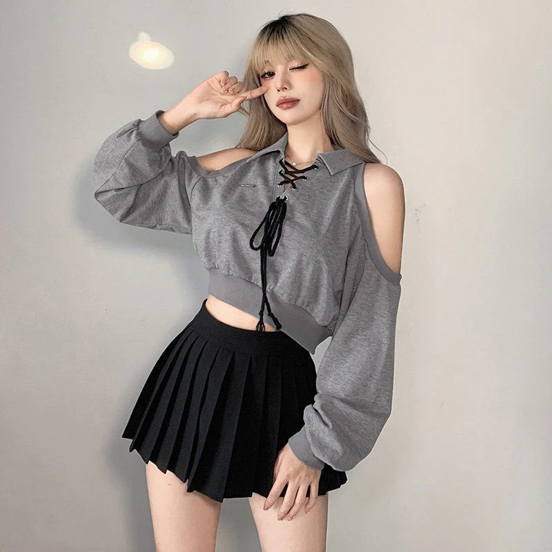 Zoki Sexy Cropped Women Y2K Sweatshirt Streetwear Off Shoulder Gothic Tops Autumn Korean Long Sleeve Harajuku Grey Pullovers New