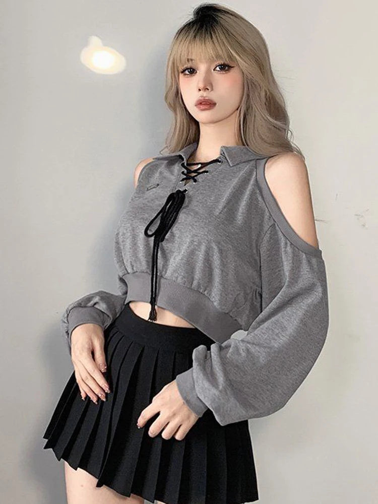 Zoki Sexy Cropped Women Y2K Sweatshirt Streetwear Off Shoulder Gothic Tops Autumn Korean Long Sleeve Harajuku Grey Pullovers New