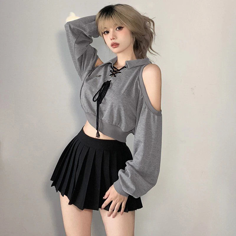 Zoki Sexy Cropped Women Y2K Sweatshirt Streetwear Off Shoulder Gothic Tops Autumn Korean Long Sleeve Harajuku Grey Pullovers New